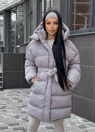 Женский качественный теплый дутый удлиненный пуховик удлиненная куртка серый серая