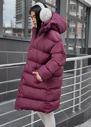 Женский качественный теплый дутый удлиненный пуховик удлиненная куртка бордовый бургунди бордо