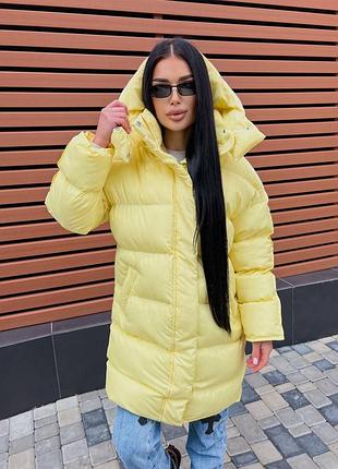 Женский качественный теплый дутый удлиненный пуховик удлиненная куртка курточка желтый лимонный