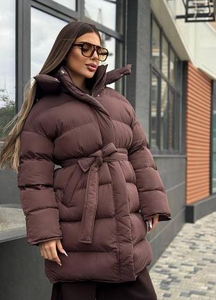 Женский качественный теплый дутый удлиненный пуховик удлиненная куртка шоколад коричневый шоколадный