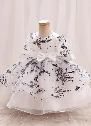 Праздничное платье для девочки цвет белый с черными веточками фатин пушистое платье для девочки праздничное