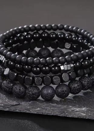 Набор браслетов 4 шт для мужчин черный вулканический камень лава новые