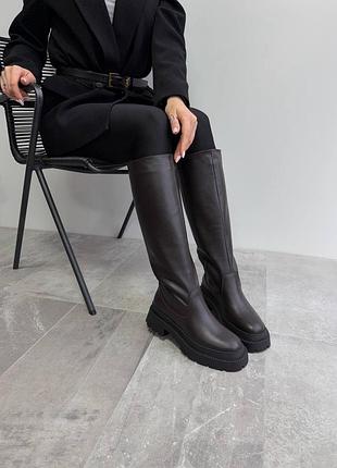 5727 євро зима чоботи труби жіночі в шоколадному кольорі натуральна шкіра хутро до кісточки