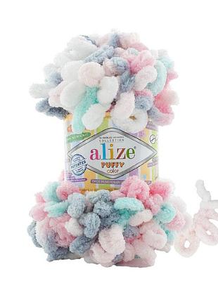 Пряжа alize puffy color/ализе пуффи колор, ментол-розовый-серый-белый 6529