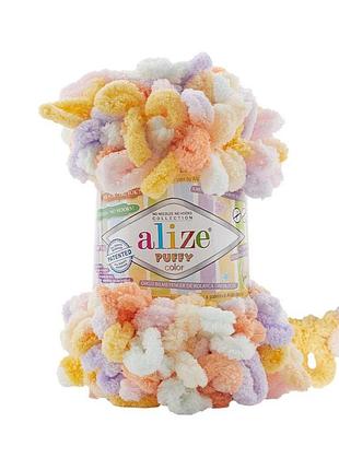Пряжа alize puffy color/ализе пуффи колор,желто-гарячий-оранжевый-белый-сиреневый 6520