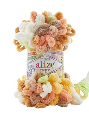 Пряжа alize puffy color/ализе пуффи колор, желто-гарячий-салатовый-белый 6528