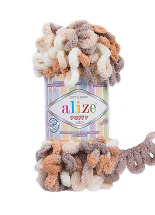 Пряжа alize puffy color/ализе пуффи колор, молочный-медовый-серый 5926