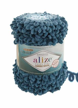 Пряжа alize puffy fine ombre batik/ализе пуффи файн омбре батик, морская волна 7263