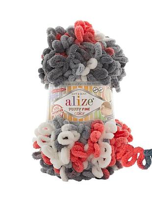 Пряжа alize puffy fine color/ализе пуффи файн колор, серый-белый-красный 6518