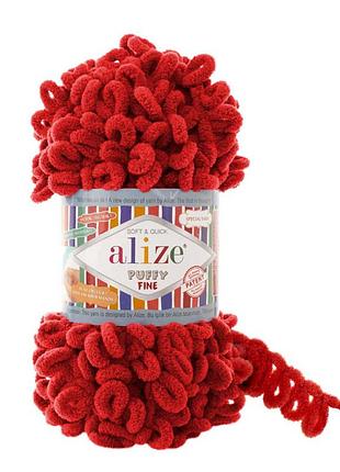 Пряжа alize puffy fine/ализе пуффи файн, красный 56