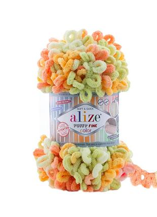Пряжа alize puffy fine color/ализе пуффи файн колор, оранжевый-лайм-желтый 6313