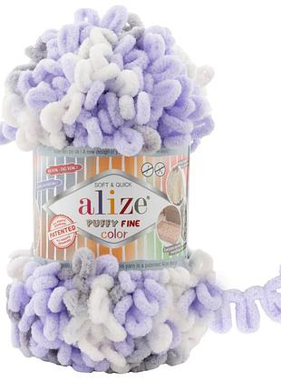 Пряжа alize puffy fine color/ализе пуффи файн колор, белый-сиреневый-серый 6372