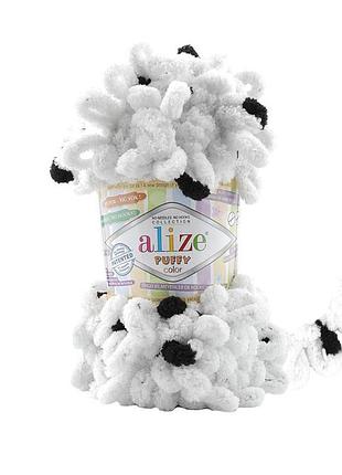 Пряжа alize puffy color/ализе пуффи колор, белый с черными вкраплениями 6450