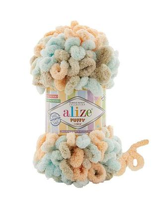Пряжа alize puffy color/ализе пуффи колор, персиковый-бежевый-голубой 8013