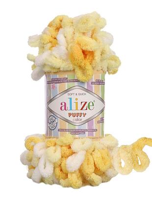 Пряжа alize puffy color/ализе пуффи колор, белый-желтый 5921