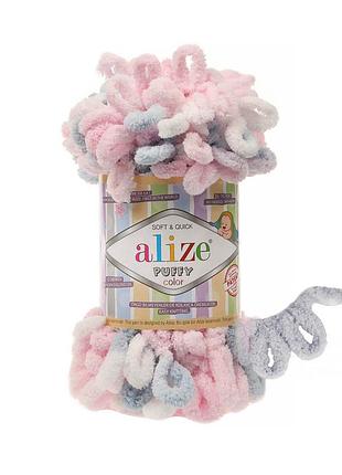 Пряжа alize puffy color/ализе пуффи колор, белый-голубой-розовый 5864