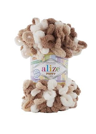 Пряжа alize puffy color/ализе пуффи колор,коричневый-орех-белый 6398