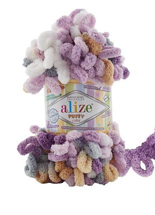 Пряжа alize puffy color/ализе пуффи колор, белый-серый-фиолетовый 6522