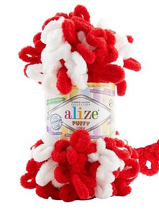 Пряжа alize puffy color/ализе пуффи колор, красный-белый 6574