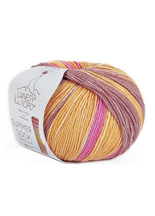 Пряжа summer sock/саммер сок, оранжевая-розовая-клубничная полоски 102, laines du nord