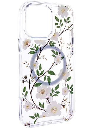 Tpu+pc чехол clear garden with magsafe для apple iphone 16e (6.1") white gardenia