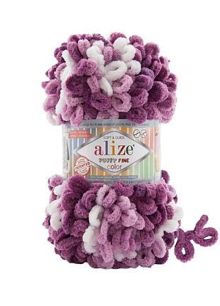 Пряжа alize puffy fine color/ализе пуффи файн колор, фиолетовый-сиреневый-белый 8056