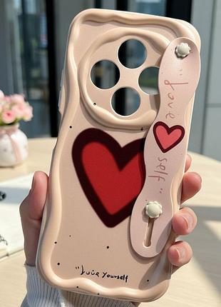 Объёмный чехол с ремешком-подставкой и сердечками для xiaomi redmi 14c