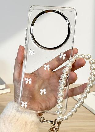 Чехол с ремешком на руку для xiaomi redmi 14c силиконовая прозрачная женская накладка блестящая с белыми бантиками