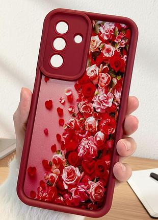 Чехол для samsung a35 5g плотный силиконовый женский с рисунком бордовый с розами
