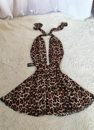 Сукня натуральних бавовна віскоза з зав'язкою навколо шиї прнт леопард розміри s і m у двох відтінках сірий та шоколадний