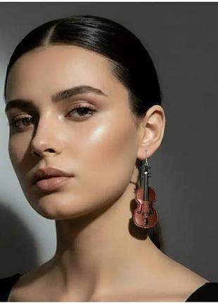 Серьги - подвески "скрыпка души" в форме скрипки и смычка длиной 10,4 см
