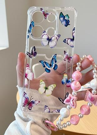 Чехол для xiaomi redmi note 13 4g с ремешком на руку и карманом для карточек (рисунок бабочек)