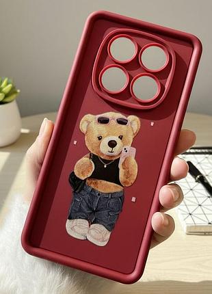 Чехол для xiaomi redmi note 14 pro 4g силиконовый с рисунком tpu pictures бордо с мишкой