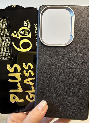 Набор чехол + стекло для xiaomi redmi note 14s силиконовый однотонный бампер leather textured (черный)