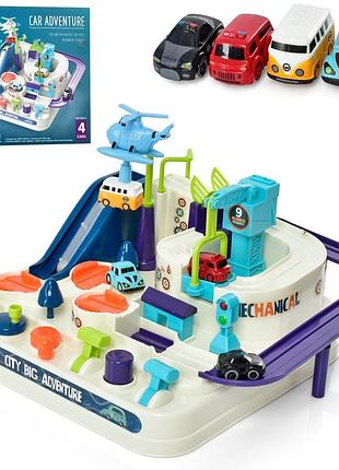 Детский игровой набор "трек" 4 машинки, вертолет, подвижные детали
