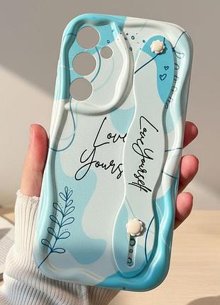 Объемный силиконовый чехол на samsung a24 с ремешком на руку голубой