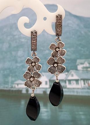 🔺✨🖤 нарядные длинные серьги с подвесками цветы натуральный камень черный оникс