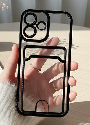 Чехол для iphone 16 силиконовый прозрачный с серой рамкой и карманом под карточки