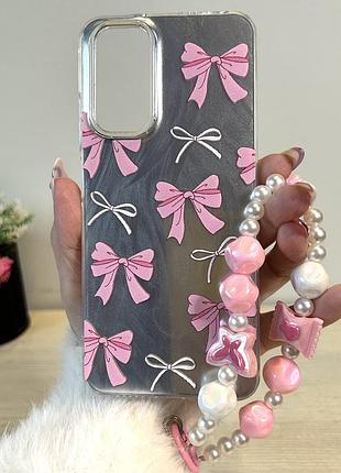 Сильный чехол для xiaomi redmi note 12s с ремешком на руку и рисунком розовые бантики