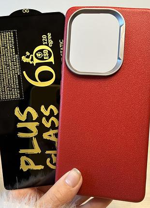 Набор чехол + стекло для poco m6 pro 4g силиконовый однотонный бампер leather textured (красный)