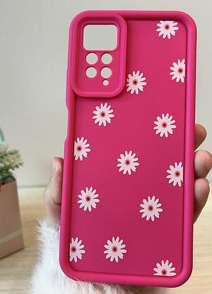 Силиконовый объемный чехол для xiaomi redmi note 11 pro с рисунком розовый с ромашками