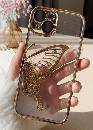 Чехол для iphone 15 (6.1) силиконовая накладка с защитой камер золотистой рамкой и бабочкой