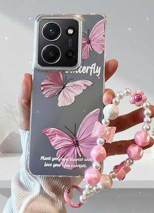 Чехол на xiaomi redmi note 13 4g силиконовая женская накладка с ремешком на руку и рисунком бабочки