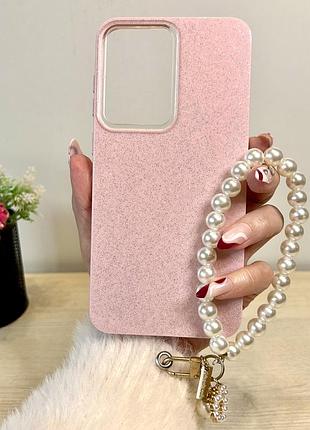 Блестящий силиконовый чехол (глиттер) для xiaomi redmi note 12s с жемчужным ремешком на руку (розовый)
