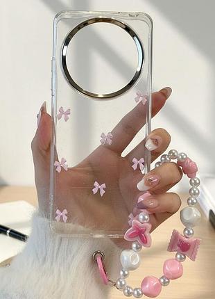 Чехол для xiaomi redmi 14c силиконовый с ремешком на руку и с розовыми бантиками