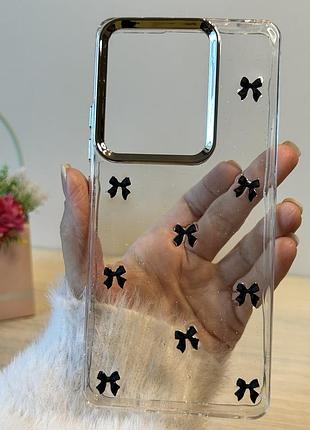 Чехол на xiaomi redmi note 14s силиконовая женская прозрачная накладка блестящая с черными бантиками
