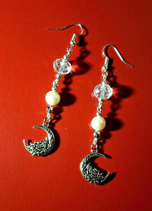 Серьги подвески сереб бохо стиль этно длин серёжки ручная раб жемчуг луна перлам кульчики тренд уникал бижут луна