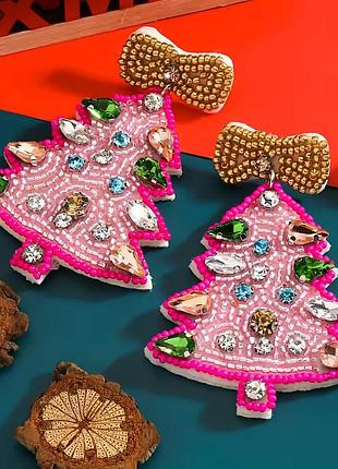 Серьги праздничные бисерные елки с цветными камушками﻿