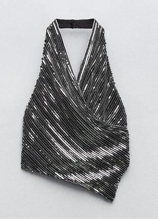 Актуальный праздничный асимметричный топ кроп блуза с блестками пайетками festive days бренд zara, xs