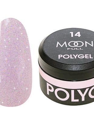 Полігель для нарощування нігтів moon full polygel №14 рожевий діамант із шиммером, 15 мл
